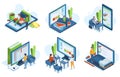Isometric people online education. Distance learning, 3d characters learn online on computer screens vector illustration Royalty Free Stock Photo