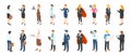 Isometric people professions. Men and women in different professional suits and uniforms, flat office characters. Vector