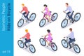 Isometric People ride on Bicycle active Outdoor flat vector collection