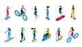 Isometric people riding bike, scooter, vehicles, vector illustration, flat characters isolated on white ski, skate, ride Royalty Free Stock Photo