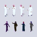 Isometric people set. Men and women in arab traditional clothes stand in different poses gesturing with their hands Royalty Free Stock Photo