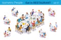 Isometric People sitting at Table Eating and Talking in Restaurant flat vector collection