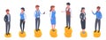 Isometric people standing on money stacks. Salary inequality, financial well-being, revenue gap, poor and rich people flat vector