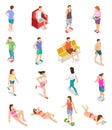 Isometric people in summer clothes. 3d human characters, teenagers in bathing suit. Isolated vector set