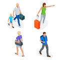 Isometric people with travel bag traveling on vacation. Character set. Active recreation, hiking and adventures.