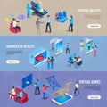 Isometric people in vr. Portable virtual reality simulation headset banners. Vector illustration collection