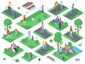 Isometric people walking, jogging, sitting on bench in city park. Park outdoor activity, summer active recreations