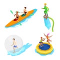 Isometric People on Water Activity. Kayaking, Man on Flyboard and Trampoline