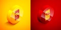 Isometric Percent discount and mobile phone icon isolated on orange and red background. Sale percentage - price label