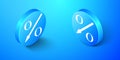 Isometric Percent down arrow icon isolated on blue background. Decreasing percentage sign. Blue circle button. Vector