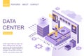 Isometric person standing amidst digital big data storage devices on homepage of website vector illustration.