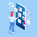 Isometric Personal Data Information App, Identity Private Concept. Digital data Secure Banner. Biometrics technology