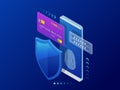 Isometric personal data protection web banner concept. Cyber security and privacy. Traffic Encryption, VPN, Privacy