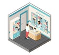 Isometric pharmacy illustration. Doctor pharmacist and patient in drugstore. Pharmacy purchases.