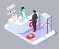 Online pharmacy. Drugstore counter, doctor pharmacist, patient on smartphone screen, flat vector isometric illustration. Royalty Free Stock Photo