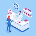 Isometric Pharmacy Store and Doctor pharmacist and patient. Woman pharmacist holding prescription checking medicine in