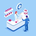 Isometric Pharmacy Store and Doctor pharmacist and patient. Woman pharmacist holding prescription checking medicine in