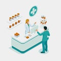 Isometric Pharmacy Store and Doctor pharmacist and patient. Woman pharmacist holding prescription checking medicine in