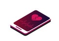 Isometric phone and a broken heart. Like in social networks. Smartphone and approval. Cardiogram. White background