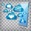 Isometric phone with multimedia and business clouds icons. communications in web - concept Royalty Free Stock Photo