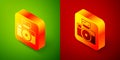 Isometric Photo camera with lighting flash icon isolated on green and red background. Foto camera. Digital photography Royalty Free Stock Photo