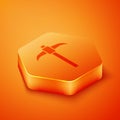 Isometric Pickaxe icon isolated on orange background. Orange hexagon button. Vector