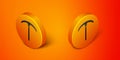 Isometric Pickaxe icon isolated on orange background. Orange circle button. Vector
