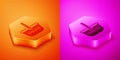 Isometric Picnic basket icon isolated on orange and pink background. Hexagon button. Vector