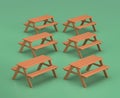 Isometric picnic table, camping object and scene, monochrome yellow camping equipment on green background, 3D Rendering