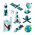 Isometric pictures of different tools and constructions for space center Royalty Free Stock Photo