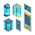 Isometric pictures set of glass elevators with steel buttons Royalty Free Stock Photo