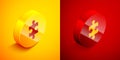 Isometric Piece of puzzle icon isolated on orange and red background. Business, marketing, finance, layout, infographics Royalty Free Stock Photo