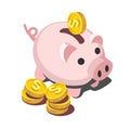 Isometric piggy bank with coin vector