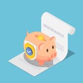 Isometric Piggy Bank Full of Money with Shield on The Insurance Document