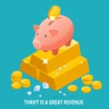 Isometric Piggy bank, gold bullion, diamond and coins icon. Thrift is a great revenue concept