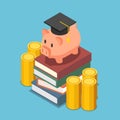 Isometric piggy bank with graduation cap on the stack of book