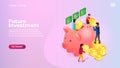 Isometric piggy bank saving money and coins concept for website and mobile apps landing page