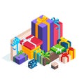 Isometric pile of gift boxes on white background.