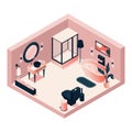 Isometric pink bathroom with toilet plumbing, sink and shower stall. Vector concept scene good for hotel or home interior