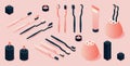 Isometric pink and black toothbrush and toothpaste collection