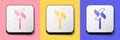 Isometric Pinwheel toy icon isolated on pink, yellow and blue background. Windmill toy icon. Square button. Vector Royalty Free Stock Photo