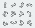 Isometric pipes, fittings, valve and meters icons in thin line style