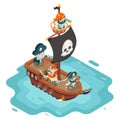 Isometric pirate ship crew buccaneer filibuster corsair sea dog sailors captain fantasy RPG treasure game character flat