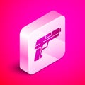 Isometric Pistol or gun icon isolated on pink background. Police or military handgun. Small firearm. Silver square