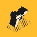 Isometric Pistol or gun icon isolated on yellow background. Police or military handgun. Small firearm. Vector