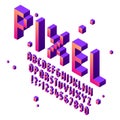 Isometric pixel art font. Arcade game fonts alphabet, retro gaming cubic typographic lettering sign and pixels numbers