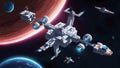 Isometric pixel space station with astronauts and spaceships