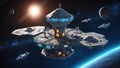 Isometric pixel space station with astronauts and spaceships