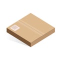 Isometric pizza cardboard box, brown closed food package for delivery