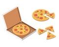 Isometric Pizza in the opened cardboard box, tasty whole pizza, slices.